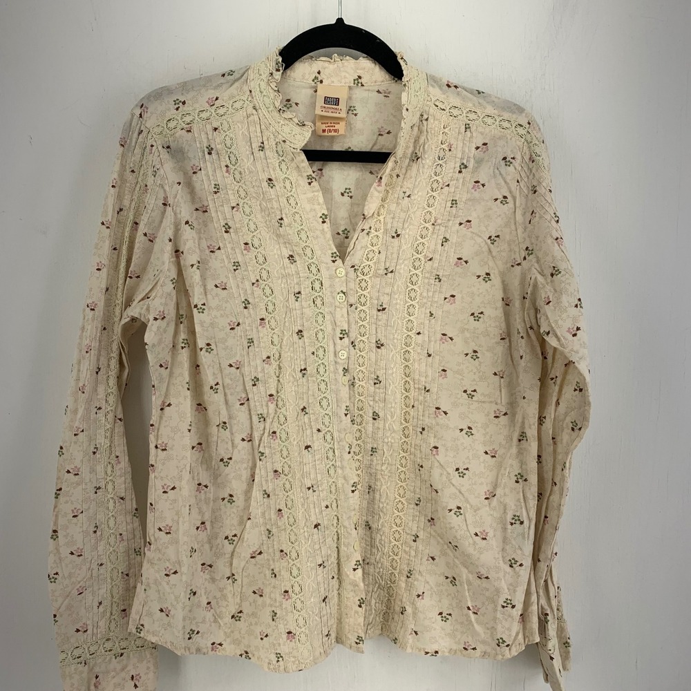 Y2K 90s Faded Glory Romantic Ditsy Floral Lace Cotton Top Medium Victorian